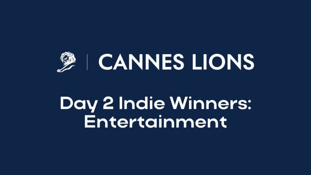 Cannes Lions logo and text reading Day 2 Indie Winners: Entertainment, featuring Klick, on a dark blue background.