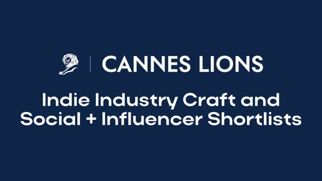 Cannes Lions logo and text announce the Indie Industry Craft and Social Influencer Shortlists on a dark blue background.