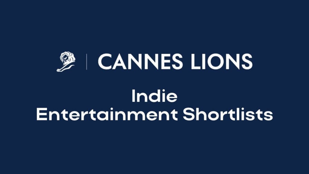 Cannes Lions logo and text reading Indies Entertainment Lions Shortlists on a dark blue background.