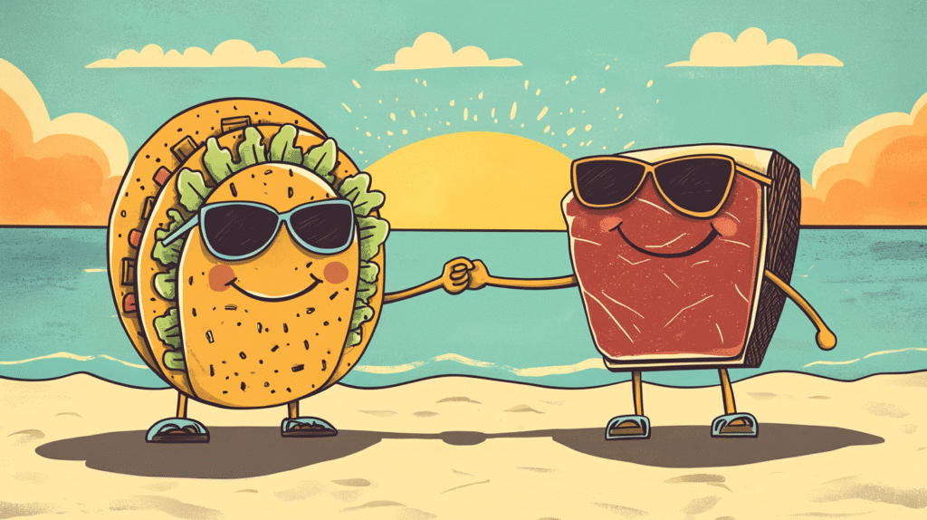 A cartoon taco and a slice of meat wearing sunglasses, smiling, and fist bumping on a beach at sunset—cosmic alignments making their destiny shine bright.