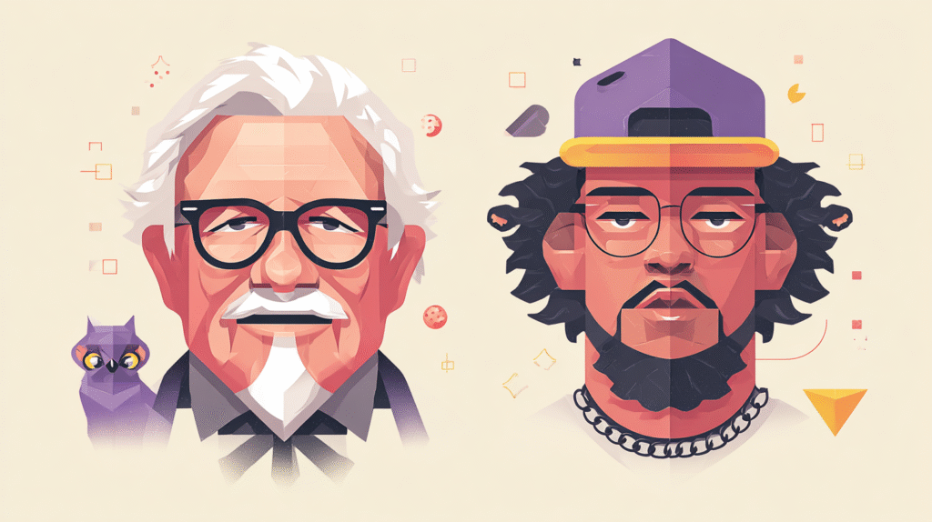 A digital illustration of two men: an older Colonel with white hair, glasses, and a goatee, and a younger man with curly hair, glasses, a cap, and a chain necklace inspired by Bad Bunny. An owl is beside the older man.