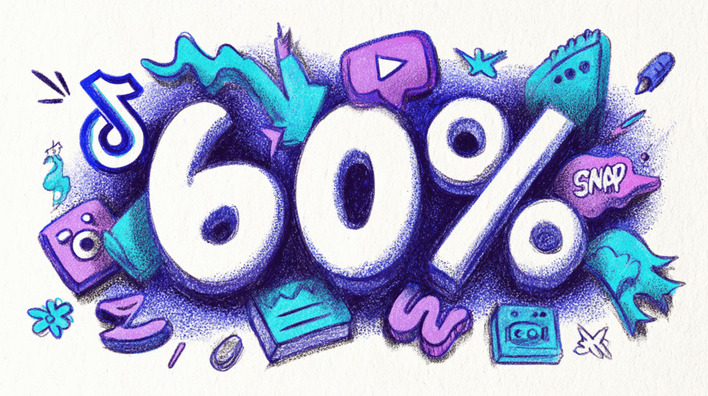 Large 60% text surrounded by icons representing social media, music, a book, a camera, and other digital elements—plus badges—on a blue and purple background.
