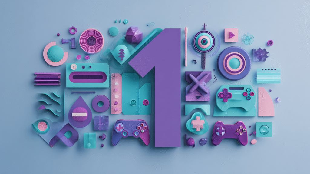 A large purple number one is surrounded by various stylized gaming icons and symbols in blue and purple tones on a light blue background, highlighting real rankings among playful nods to fake cookbooks.