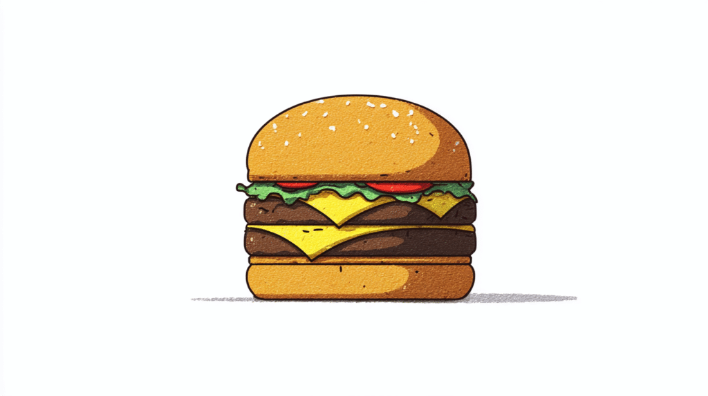 An illustration of a cheeseburger inspired by Shake Shack Selections, featuring lettuce, tomato, two beef patties, and cheese in a sesame seed bun on a white background.