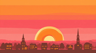 Animated illustration of a sunset behind a town skyline, perfect for branding or town renaming projects—featuring houses, churches, trees, and layered orange and pink skies reminiscent of Dunkins vibrant palette.