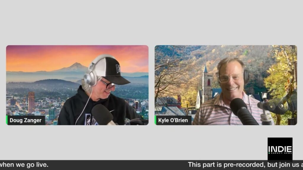 Two men, Doug Zanger and Kyle OBrien, speak into microphones during a virtual interview for Ad Ages Small Agency Toronto Report, each with a different scenic background and wearing headphones. INDIE branding is visible in the corner.