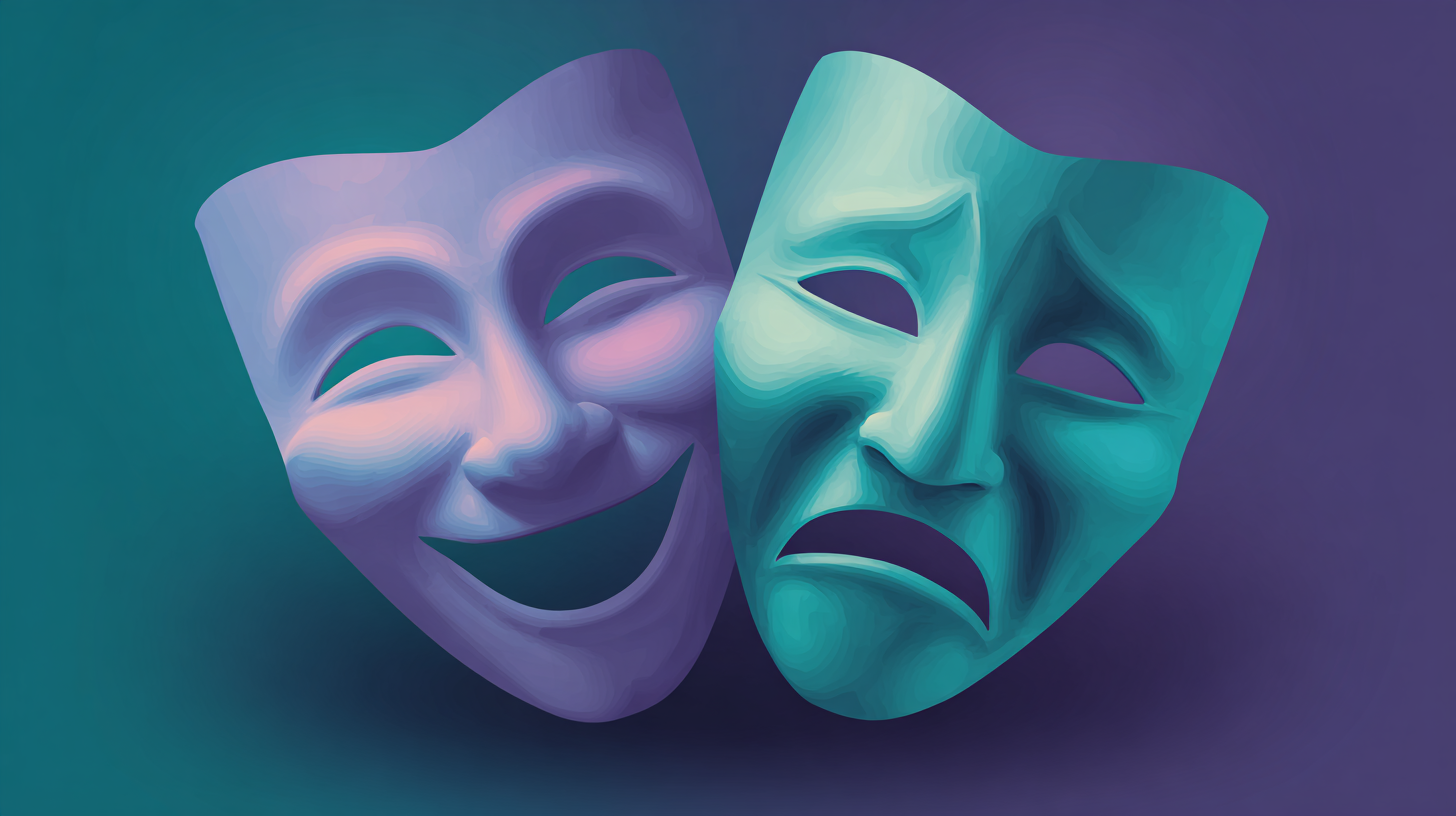 Illustration of two theater masks—one smiling, one frowning—representing comedy and tragedy against a gradient background, capturing how consumers stop for laughs while navigating the drama of everyday consumer behavior.