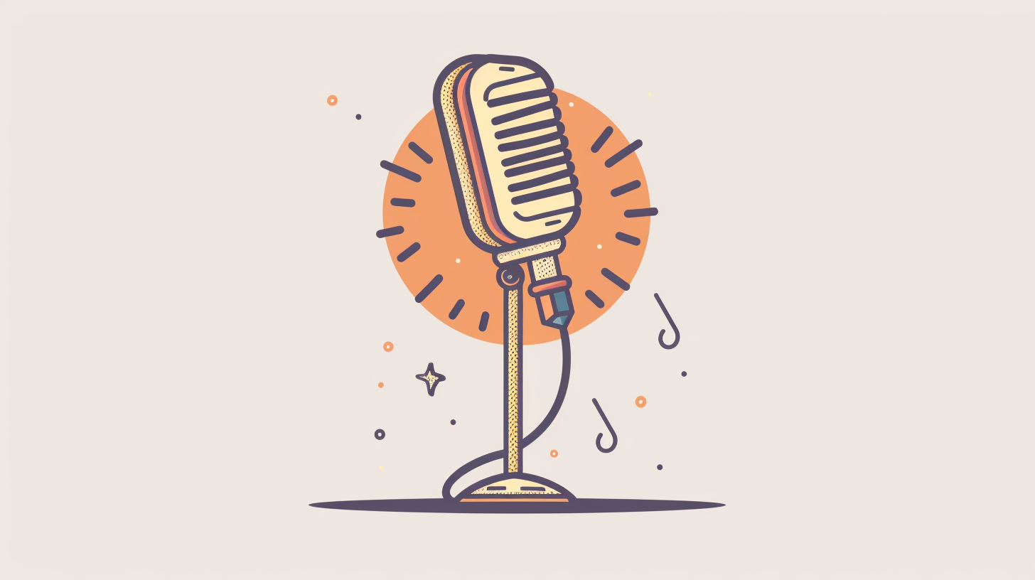 Illustration of a vintage-style microphone on a stand with musical notes and decorative accents in the background, perfect for podcasting or sharing podcast tips.