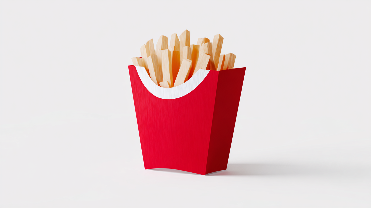 A red Fry Box filled with French fries is standing upright on a white background.
