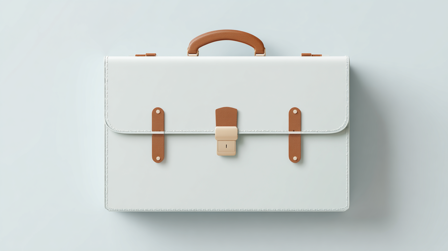 A white briefcase with brown leather straps and handle, featuring a central beige lock, symbolizing talent retention and the value of experienced employees, photographed against a light background.