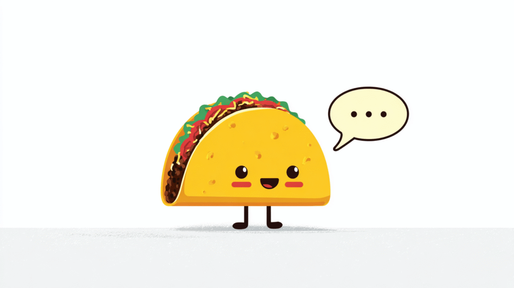 Illustration of a smiling taco with cartoon eyes, mouth, legs, and a speech bubble containing three dots, set against a plain white background—perfect for indies adding playful flair to the creative culture wars.
