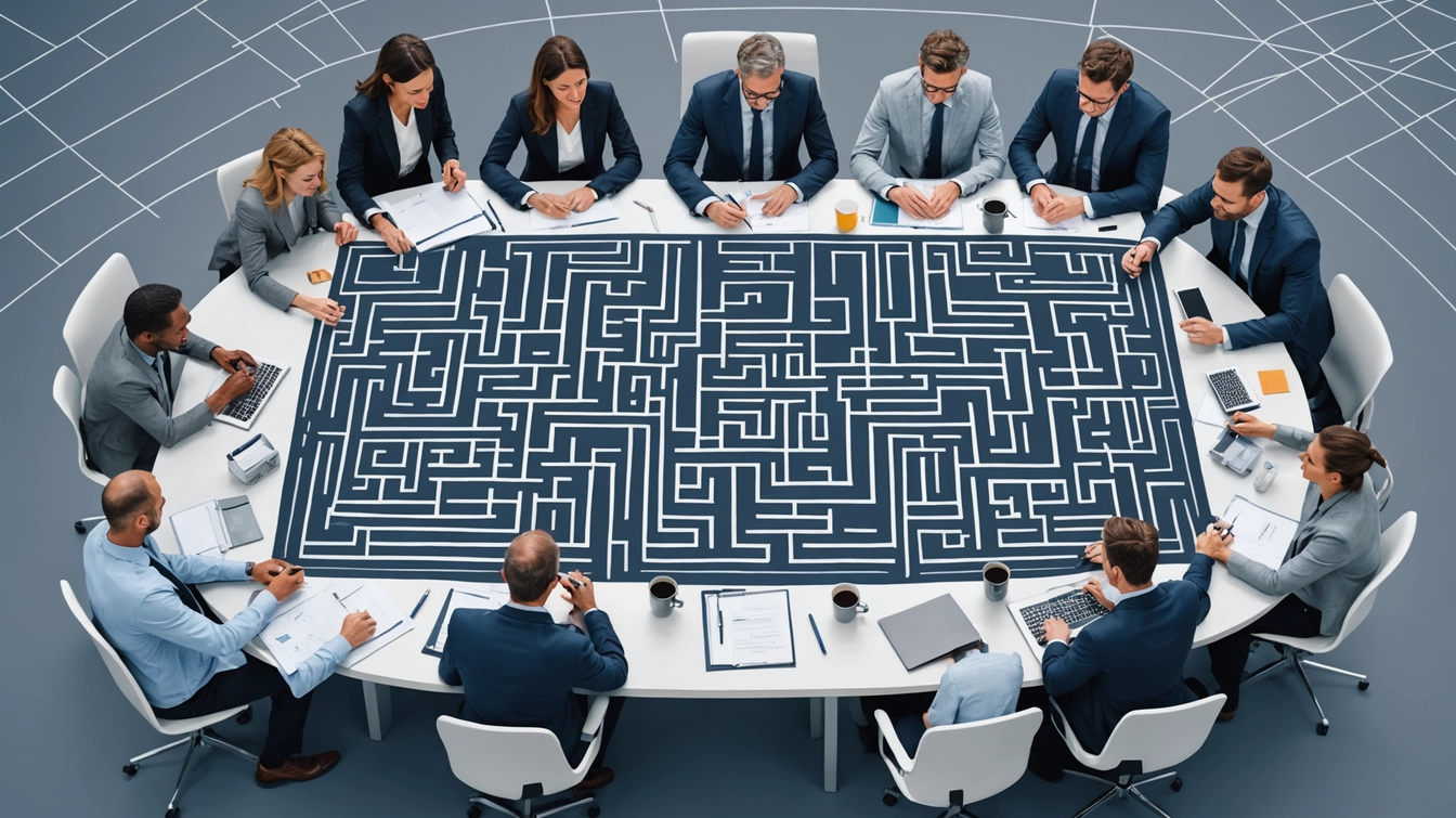 A group of agency professionals sits around a table with a large maze design on its surface, appearing to discuss and strategize with their people.