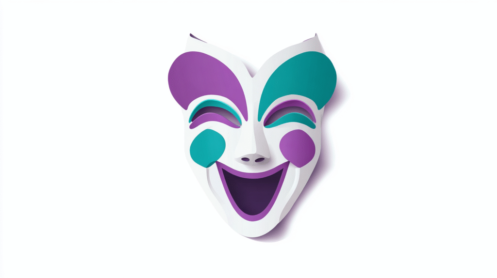 A colorful comedy mask with teal and purple accents, smiling widely, symbolizes the vibrant spirit of the comedy business, set against a plain white background.