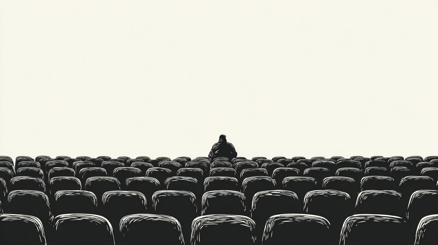 A single person sits among many empty theater seats, facing towards the front in a mostly empty, minimalist setting—an atmosphere reminiscent of Fake Films and subtle Real Friction.