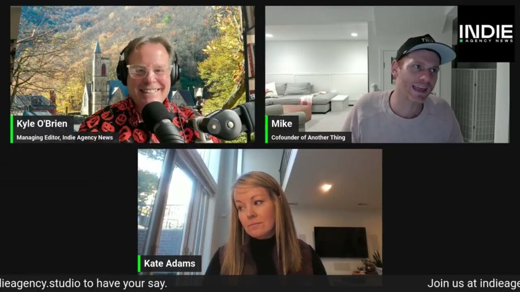 A video call with three people in separate locations—Kyle OBrien, Mike, and Kate Adams—discussing ad campaign ideas. Indie Agency News branding appears in the top right corner.