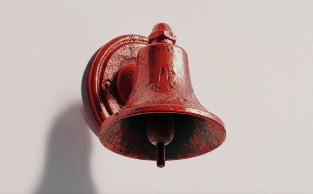 A red metal bell is mounted on a wall against a plain background, symbolizing the urgent calls that CMOs face when activating crisis plans and staying relevant.