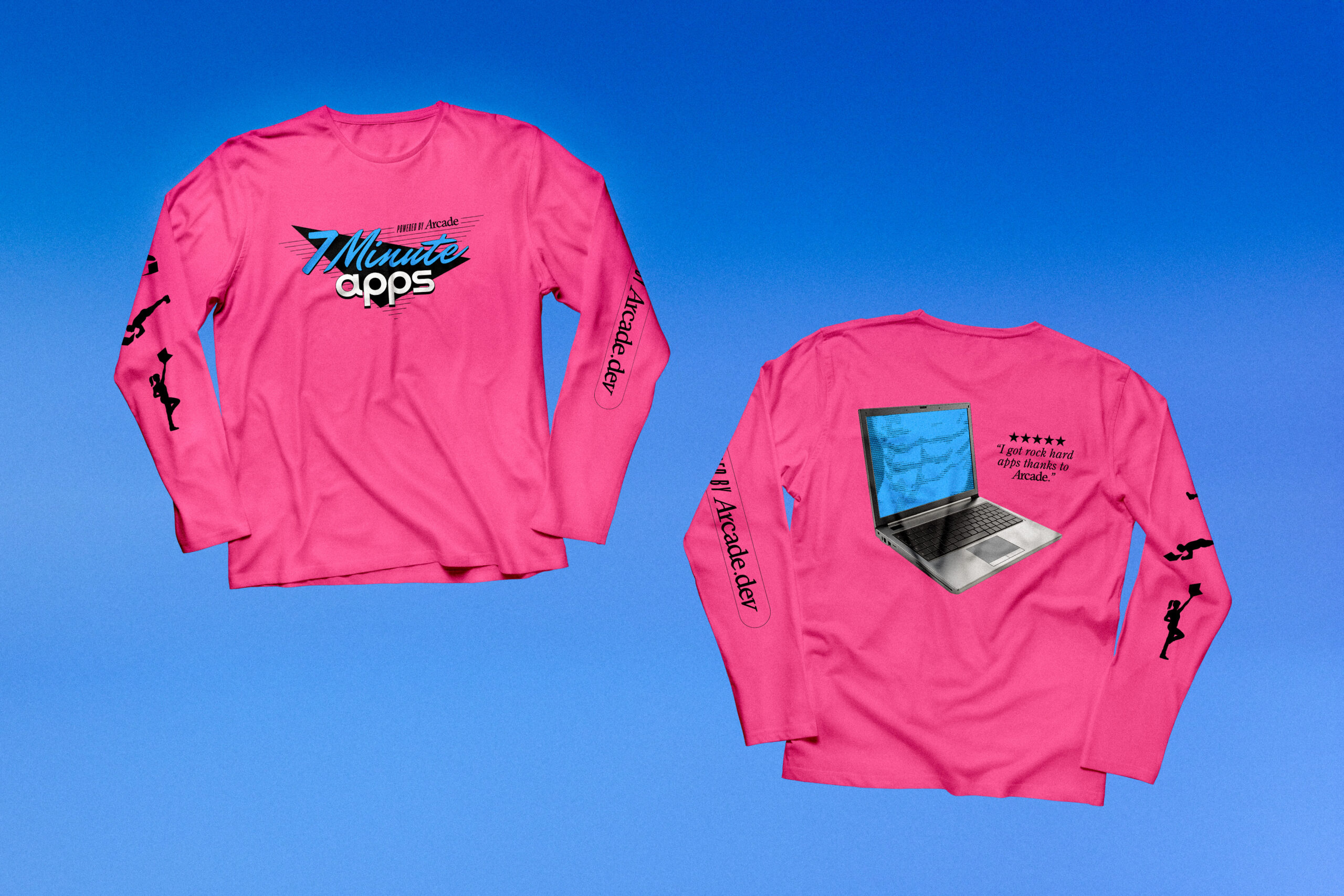 Front and back view of a bright pink long-sleeve shirt with a Modern AI & 7-Minute Apps graphic on the front and a laptop image with text, ratings, and Retro Fitness vibes on the back; black text lines the sleeves.