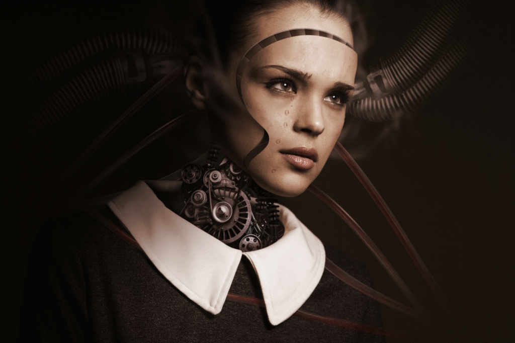 A woman with mechanical gears and tubes integrated into her neck and head, evoking a human-robot hybrid embodying AI and human creativity, with a serious facial expression.