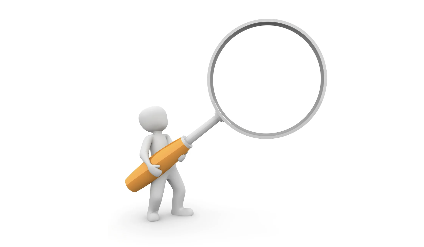 3D figure holding a large magnifying glass with an orange handle, representing consumer search or Google, standing on a white background.