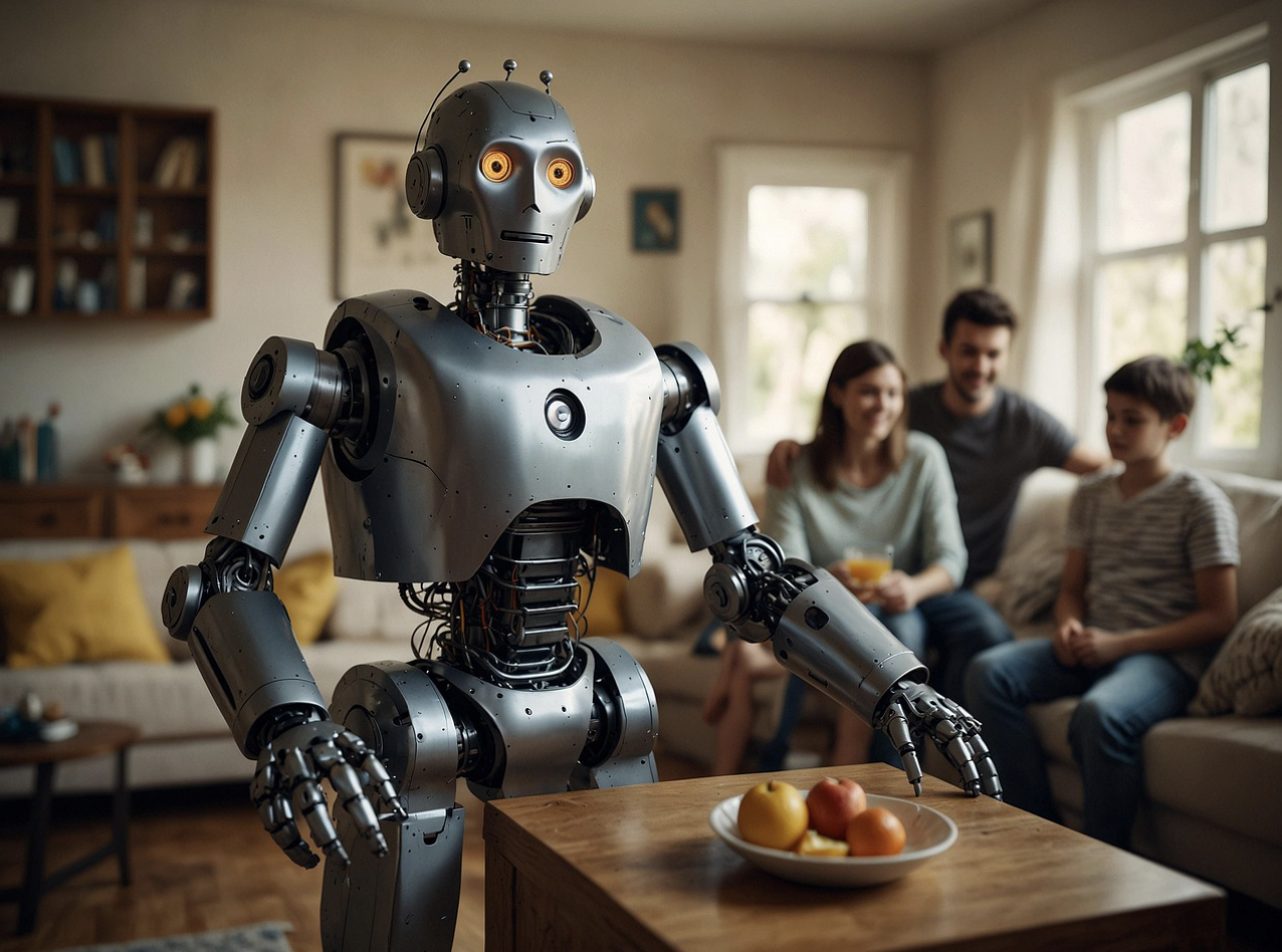 A humanoid robot powered by advanced AI agents stands near a coffee table with fruit, while a family of three sits on a couch in a well-lit living room.