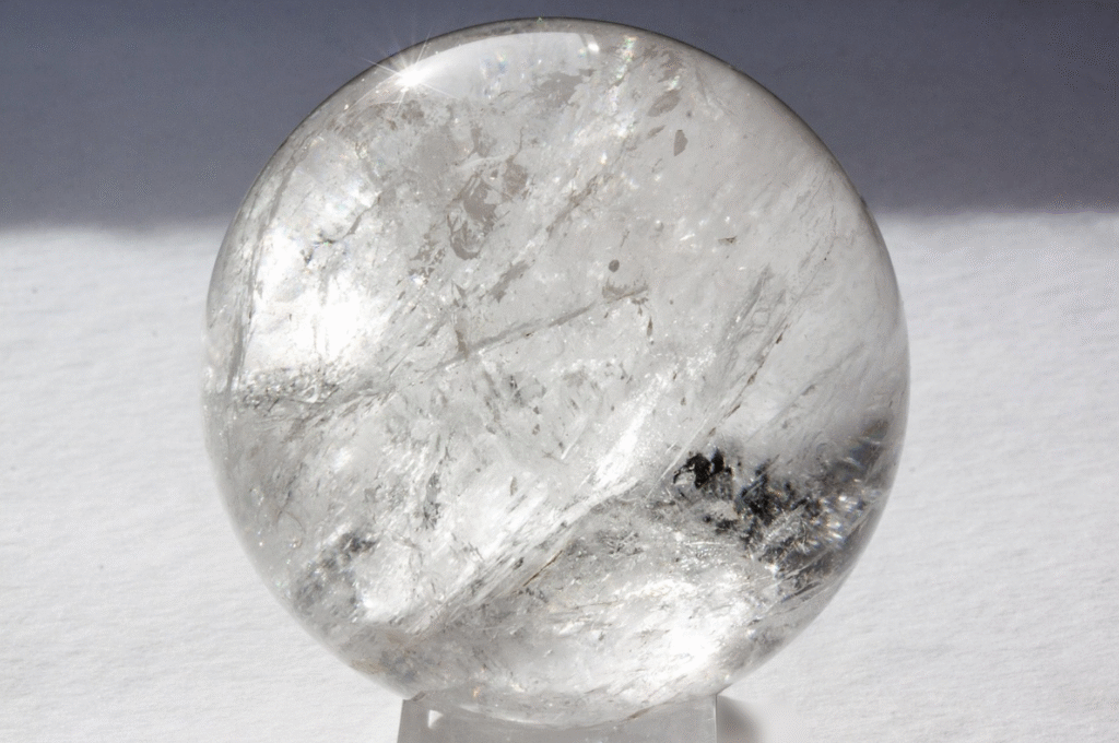 A clear quartz crystal sphere sits on a white surface, its internal fractures reflecting light—an inspiring piece for craft enthusiasts and creator economies alike.