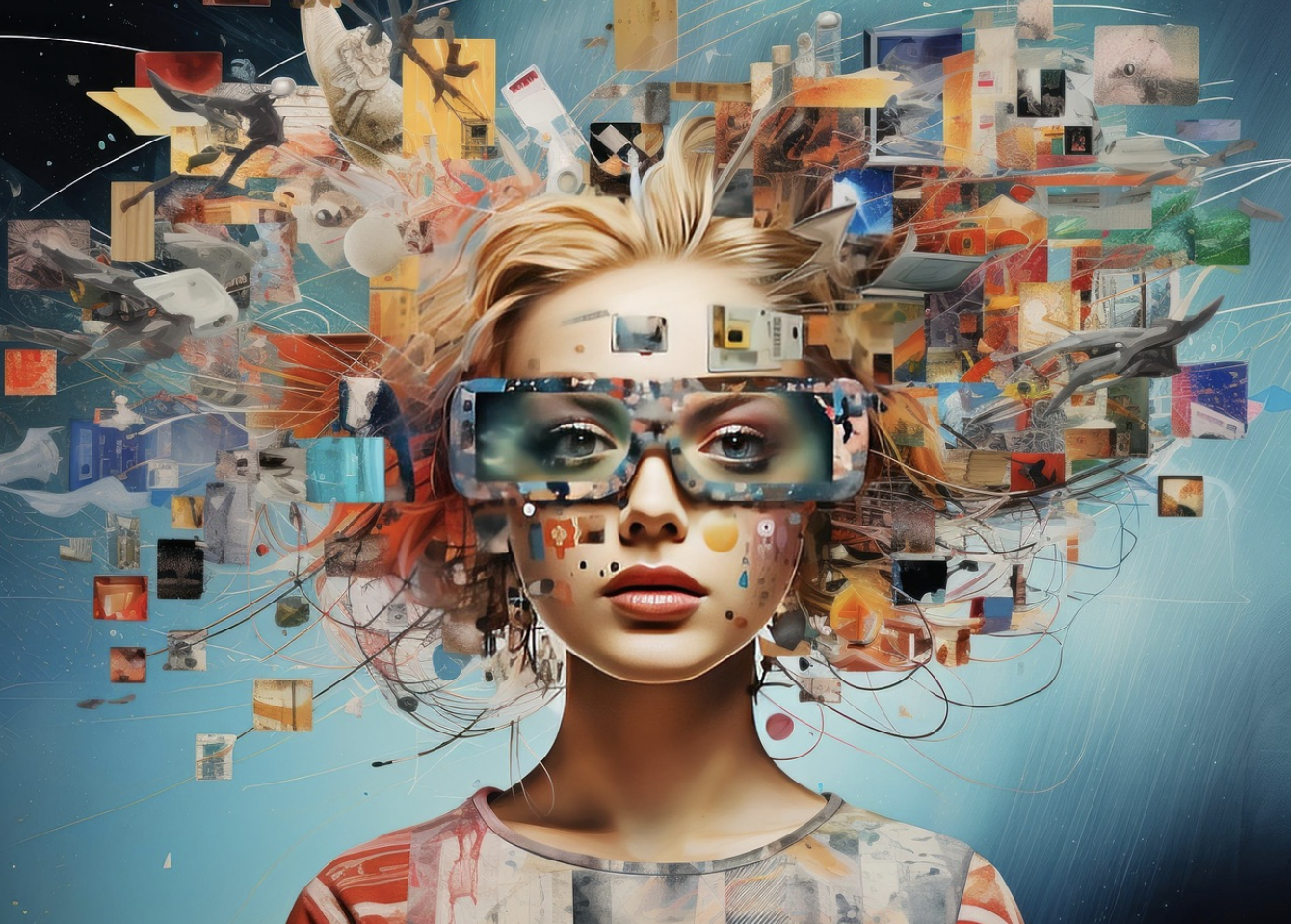 A woman wearing futuristic glasses appears surrounded by floating digital images and icons, suggesting a virtual or augmented reality environment shaped by innovative creator strategy.