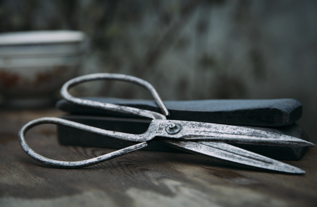 A pair of vintage metal shears, evoking the spirit of Scissors Over Algorithms, rests on a sharpening stone atop a wooden surface, with a ceramic bowl blurred in the background.