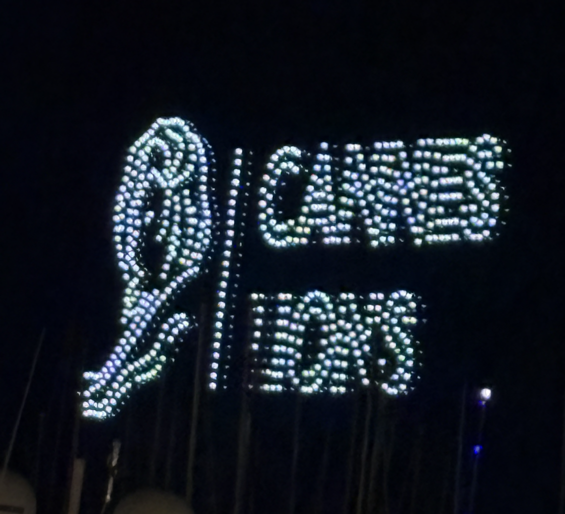 Light display at night showing an owl and the words CANNES LIONS formed by illuminated dots, celebrating the magazine that shouldn't exist after winning the First Lion for Spain.