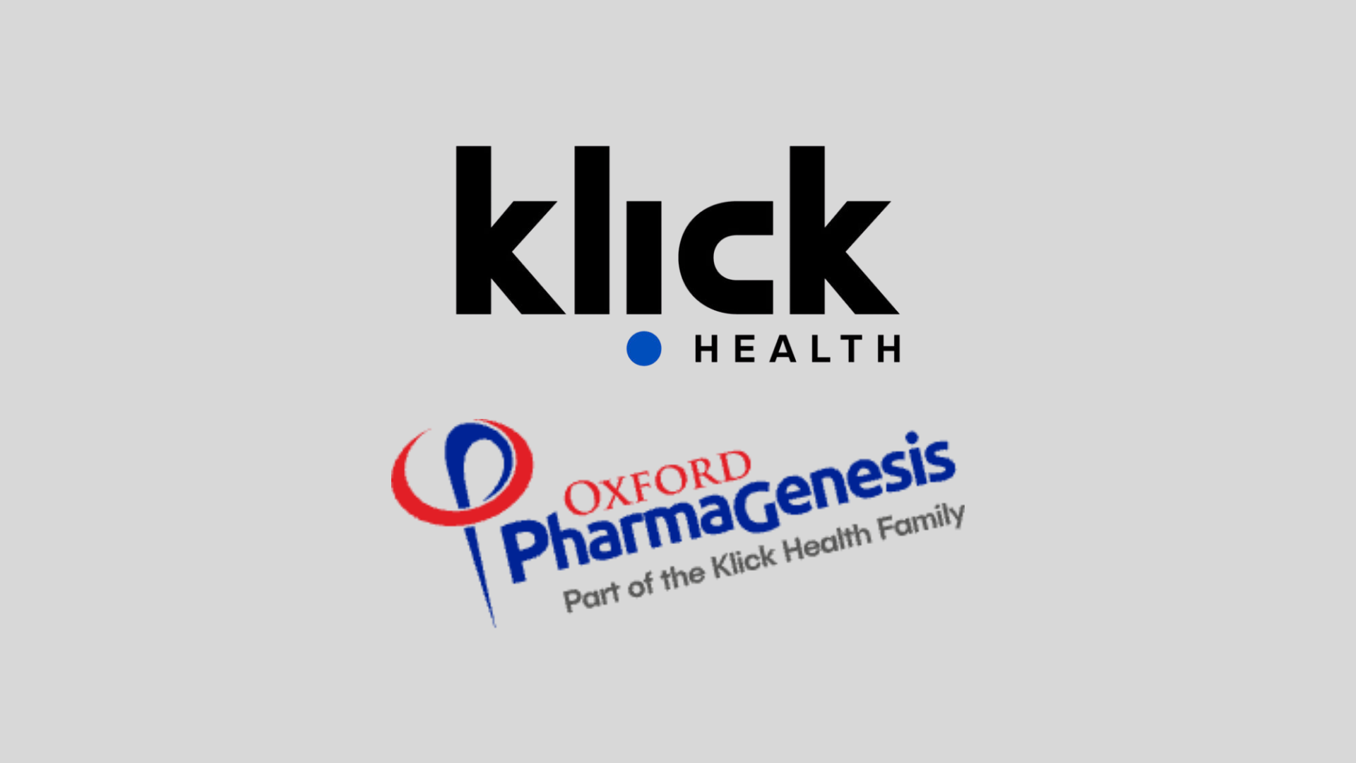 Klick Health logo above the Oxford PharmaGenesis logo with the tagline Part of the Klick Health Family on a light gray background.