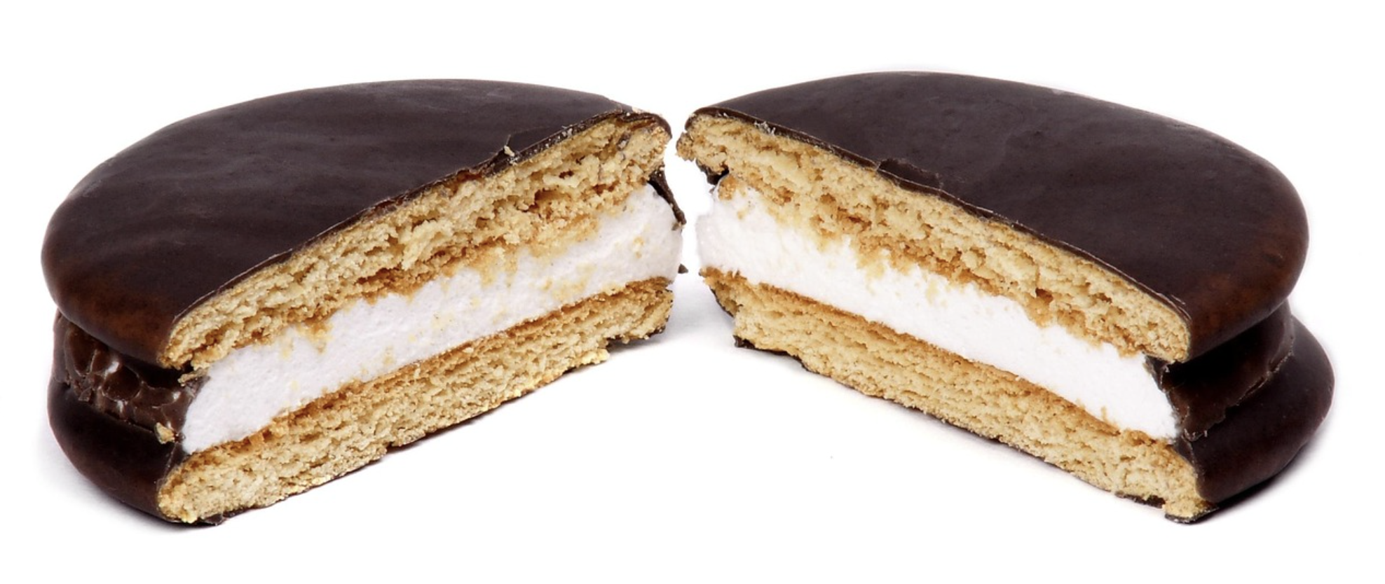A chocolate-coated cookie with a marshmallow filling, cut in half to show the layered interior.