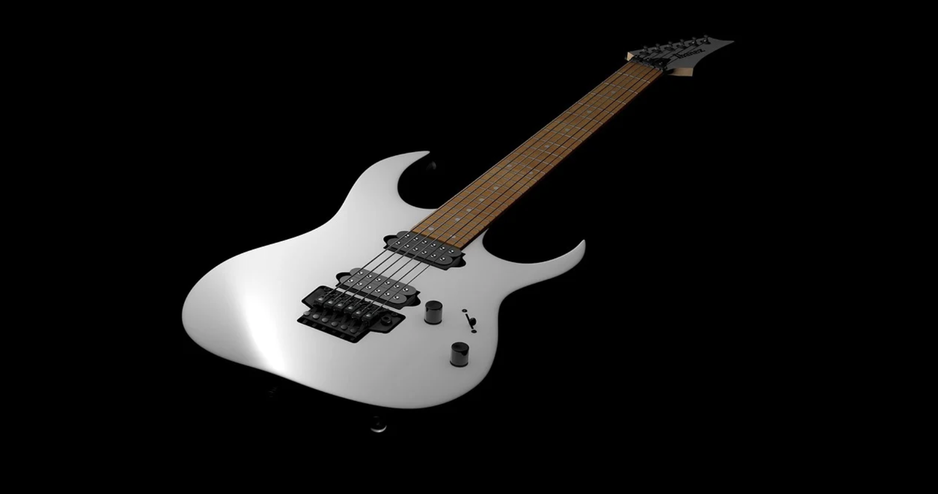 A white electric guitar with a brown fretboard and black hardware, shown on a black background, evokes the iconic style of Prince—being memorable in both appearance and presence, much like the unforgettable lessons found in his music.