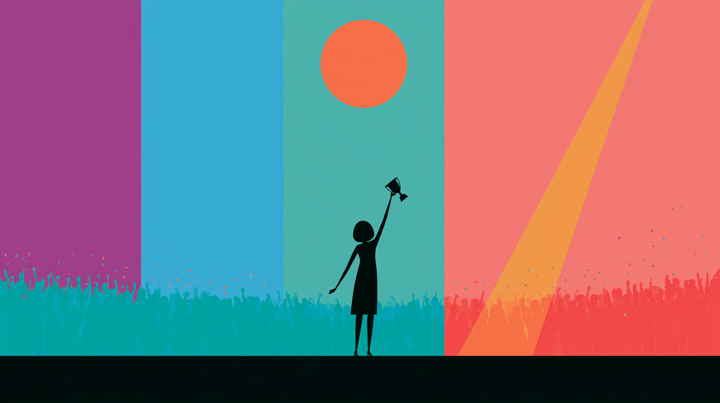 A silhouetted figure holds up a megaphone before a colorful crowd and abstract background with a red sun and yellow spotlight.