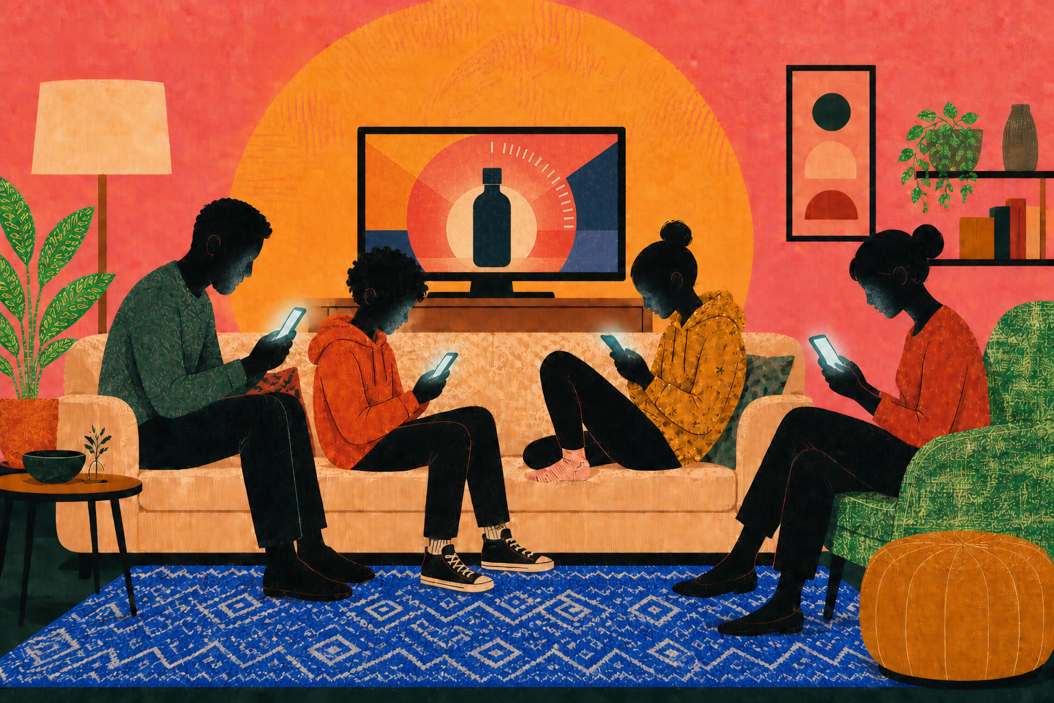 Four people sit on a couch and chair in a living room, all looking at their smartphones, while a TV commercial displays a bottle graphic in the background.