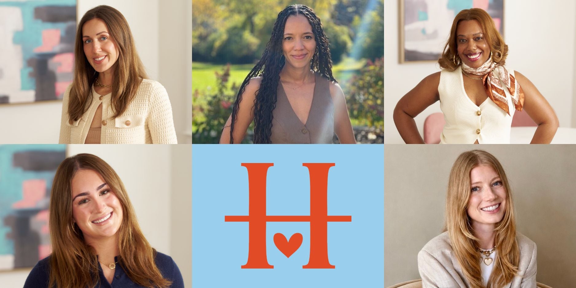 Collage of five women smiling, with a central blue square displaying a large orange H and a small heart symbol beneath the crossbar. Abstract art pieces are visible in some backgrounds.