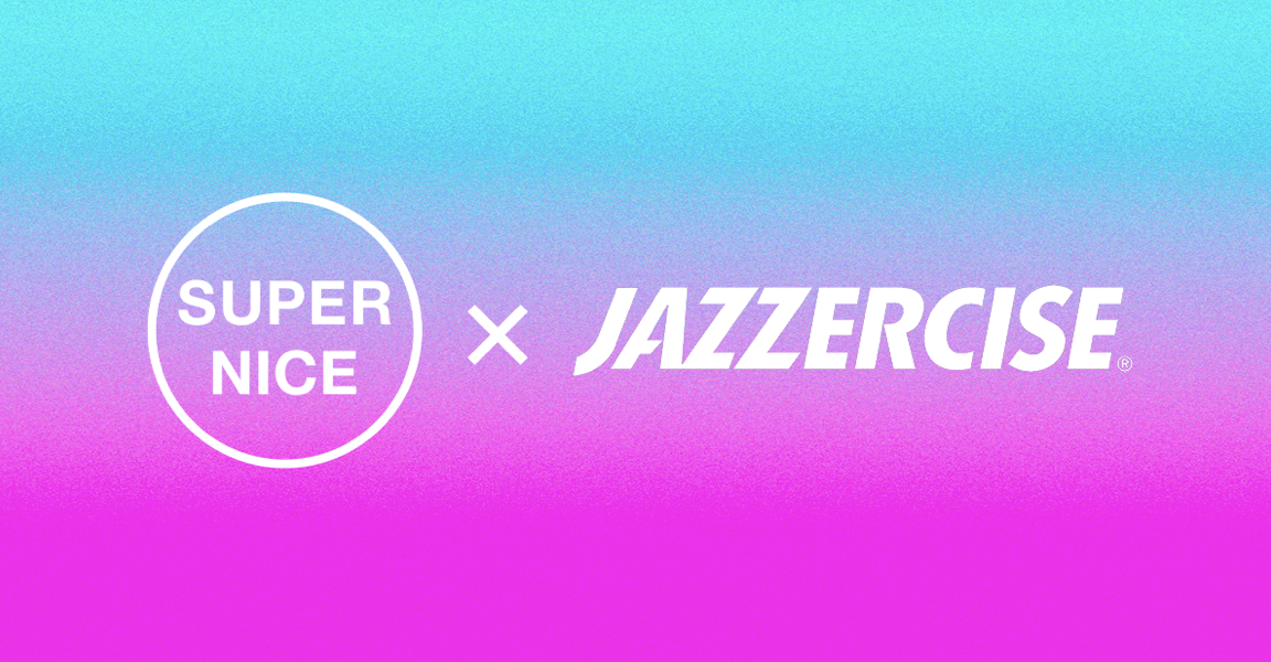 Logo for Super Nice next to an X and the Jazzercise logo on a blue-to-pink gradient background, creating a vibrant look that perfectly represents a modern fitness agency.