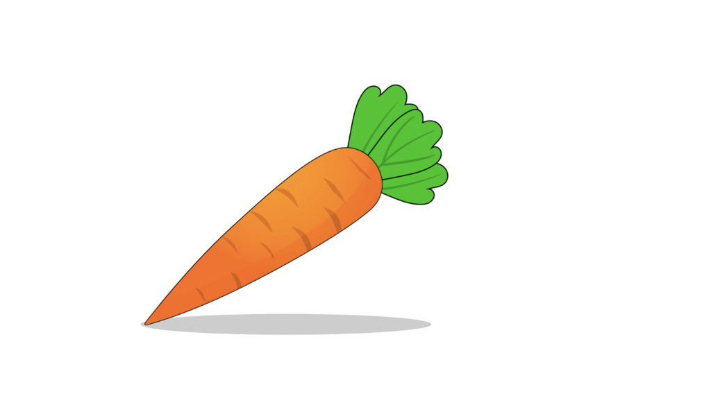 A simple illustration of an orange carrot with green leaves, casting a shadow on a white background.