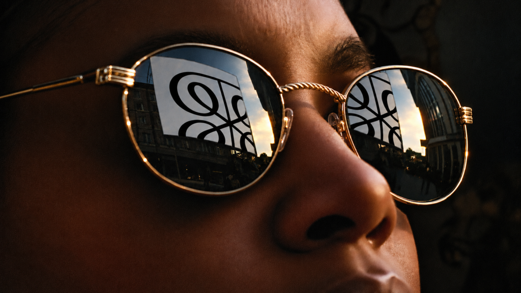 Close-up of a person’s face wearing round sunglasses, reflecting ornate black designs and buildings—capturing a “Do Less” vibe perfect for a Bensimon Byrne new pitch at sunset.