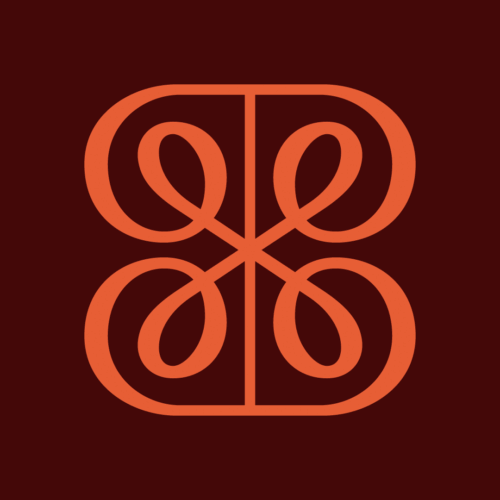 A geometric orange line design, resembling two mirrored loops forming an abstract number 8, on a dark red background. Created for Bensimon Byrne’s New Pitch.