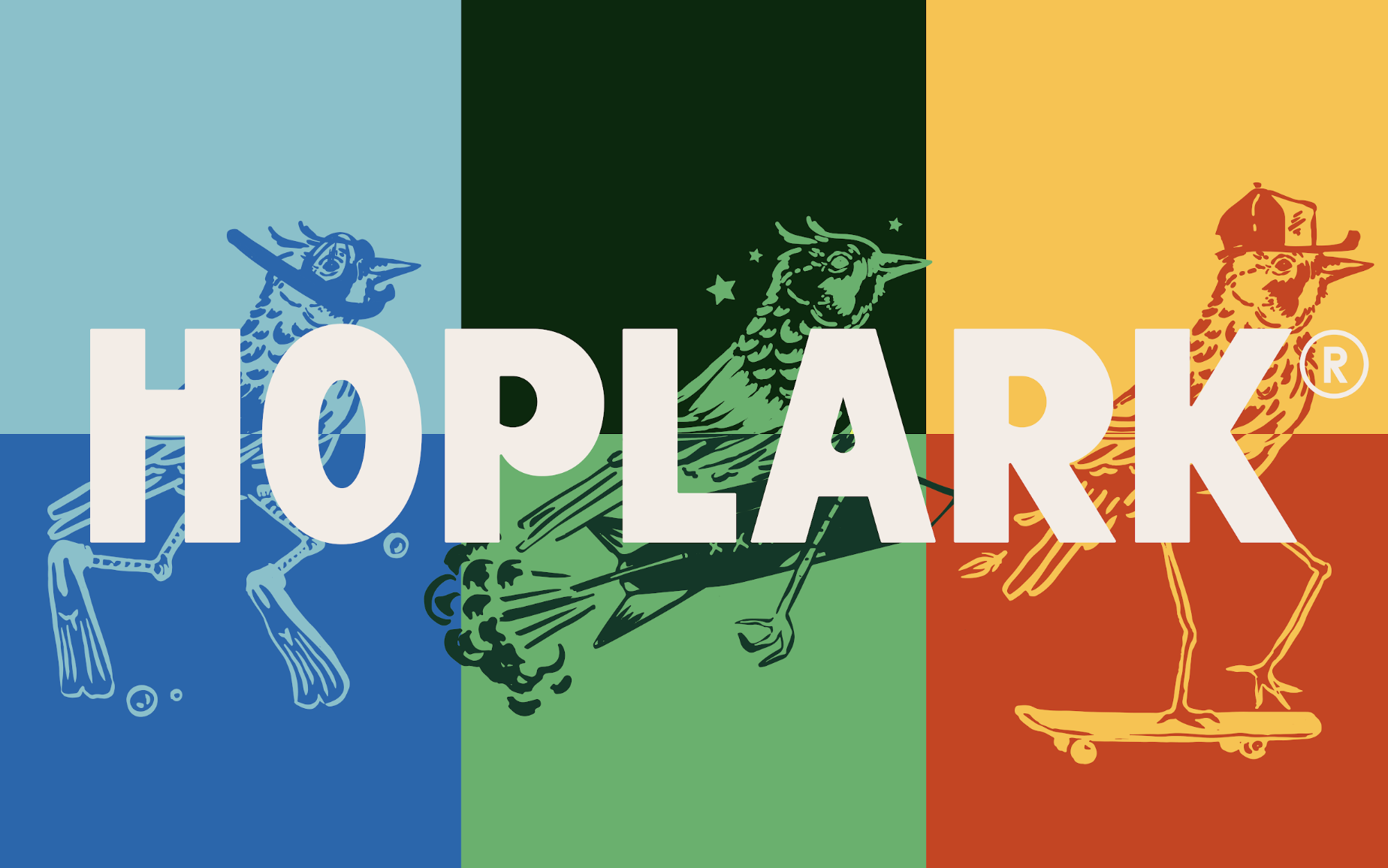 Four colored panels, each with a stylized bird performing different actions—just like Gus, who loves to Try New Things—with the word HOPLARK in bold white text across the center.