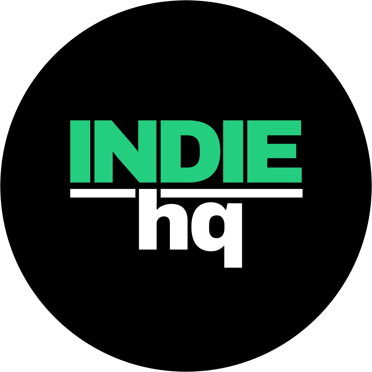 The image shows the word INDIE in green and hq in white, both in bold letters, stacked and centered on a black circular background.