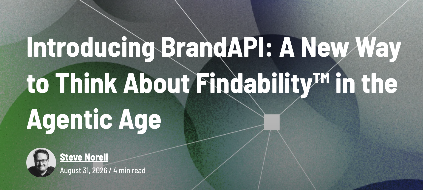 Introducing BrandAPI: A New Way to Think About Findability™ in the Agentic Age by Steve Norell, August 31, 2026, 4 min read. Abstract circles and lines form the background.