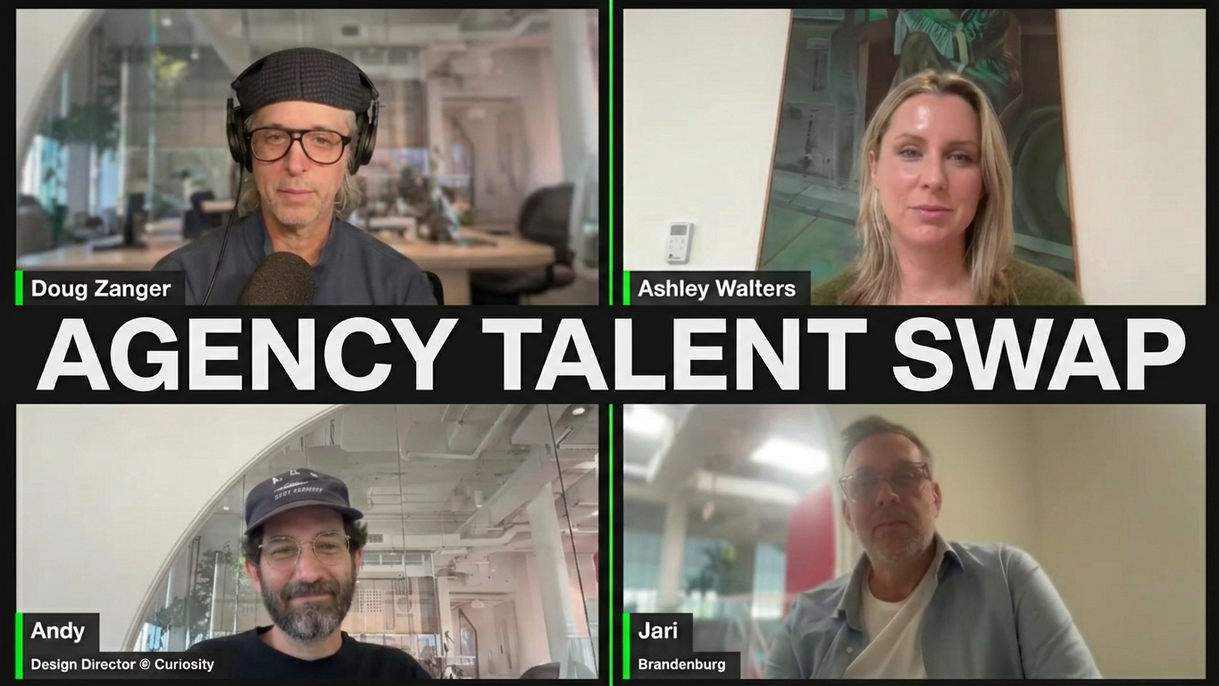 Video call grid titled Agency Talent Swap, featuring an agency swap with four participants: Doug Zanger, Ashley Walters, Andy, and Bengals fan Jari Brandenburg.