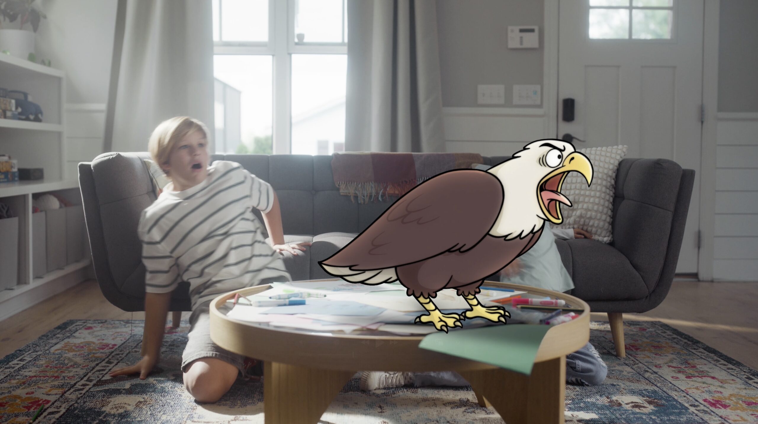 Two children on the floor in a living room look surprised as a large illustrated eagle from a Filterbuy Air Filter ad stands on a coffee table covered with papers.